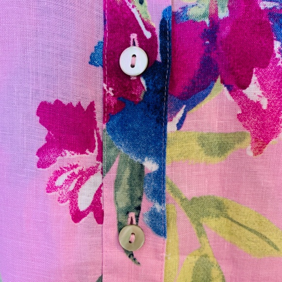 Chico's Linen Button Up Shirt Size 10 Pink Floral Tropical Hawaiian Vacation - Picture 4 of 11